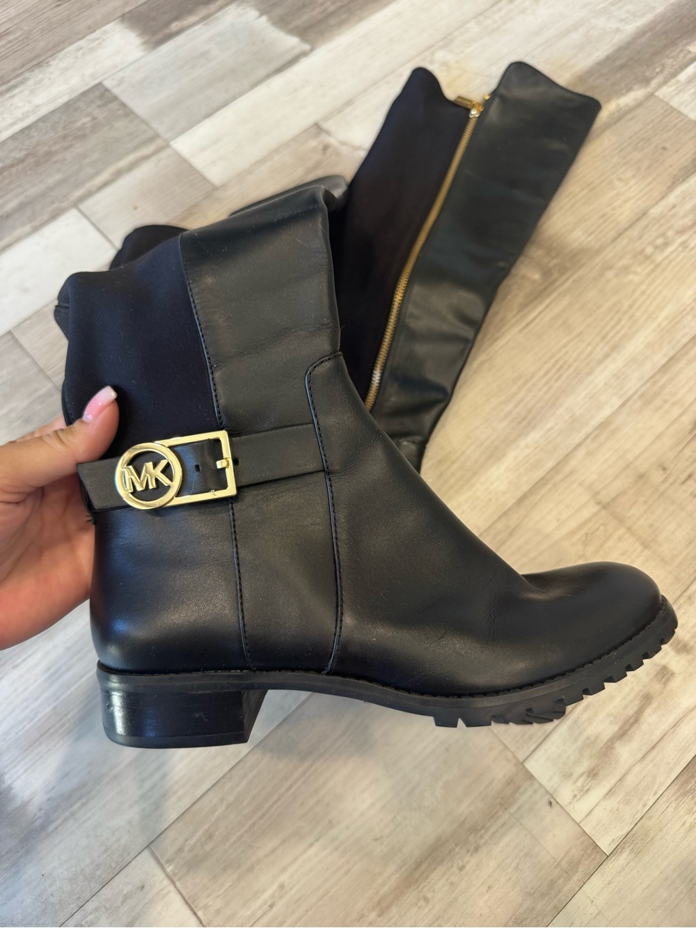 Michael Kors Black Leather Boot with Gold MK Emblem